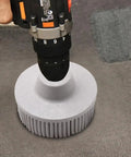 Two Pack White Bristle Discs 120 Grit, 2 Inch Abrasive Discs With 1/4 Shank For Rotary Tools, shown in use with drill