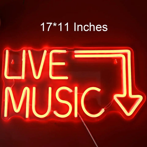 Live Music Neon LED Sign Handcrafted Wall Decor Light 17 By 11 Inches displayed in red acrylic