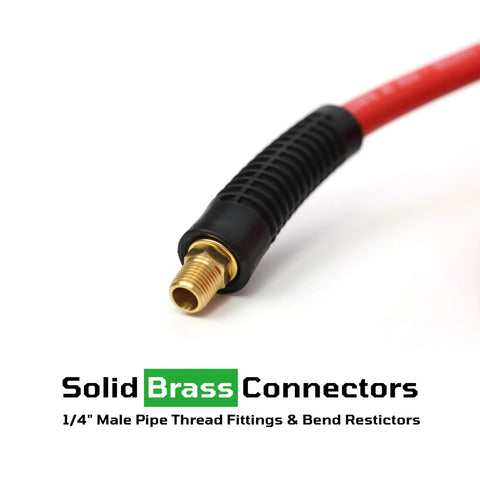 Three Eighths Inch Rubber Air Hose, Fifty Foot, High Pressure Three Hundred PSI, Assembly With One Quarter Inch Male Pipe Thread Fittings