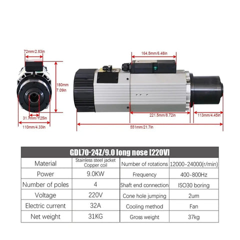 Top Shelf Heavy Duty Cnc Spindle Motor With Quiet Air Cooled Cooling And 9000W Raw Oomph For Flawless Industrial Engraving Milling And Routing Jobs Running Fast Up To 24000 Rpm On 220V Systems dimensions and features.