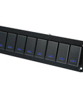 Alt Tag: Eight Gang Rocker Switch Panel With Three Pin On Off Prewired Toggle Control Waterproof Aluminum Alloy Panel Blue LED Light Push Button For 12V 24V Vehicles Black, showing eight switches with blue LEDs, close-up view.