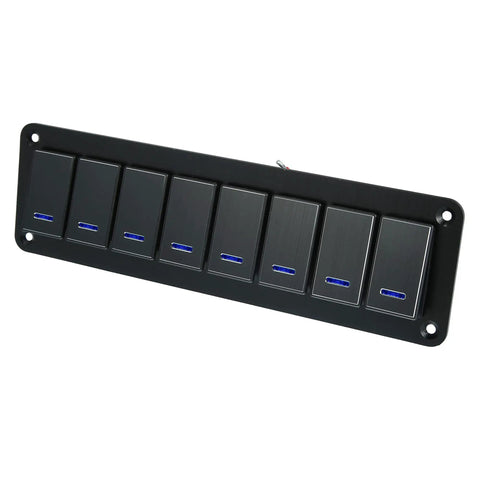 Alt Tag: Eight Gang Rocker Switch Panel With Three Pin On Off Prewired Toggle Control Waterproof Aluminum Alloy Panel Blue LED Light Push Button For 12V 24V Vehicles Black, showing eight switches with blue LEDs, close-up view.