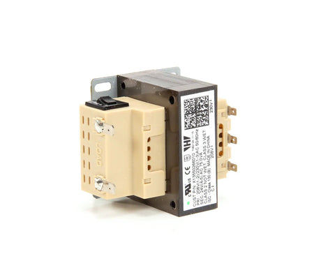 Replacement Transformer TRR00825 75 Volt 208-230V for HVAC systems, angled side view showcasing terminals and mounting bracket.
