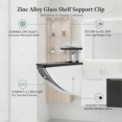 Go-To Glass Shelf Support Clip in Silver Zinc Alloy Mounting Bracket for Bathroom Vanities and Display Cabinets, no sag