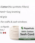 All Purpose Cotton Sash Cord Rope With Built Tough Reinforced Core And Thick Cotton Cover For Window Sashing, Clotheslines, And Decor DIY Projects Three Eighths Inch By Six Hundred Feet Natural showcasing product benefits and label.