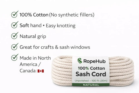 All Purpose Cotton Sash Cord Rope With Built Tough Reinforced Core And Thick Cotton Cover For Window Sashing, Clotheslines, And Decor DIY Projects Three Eighths Inch By Six Hundred Feet Natural showcasing product benefits and label.