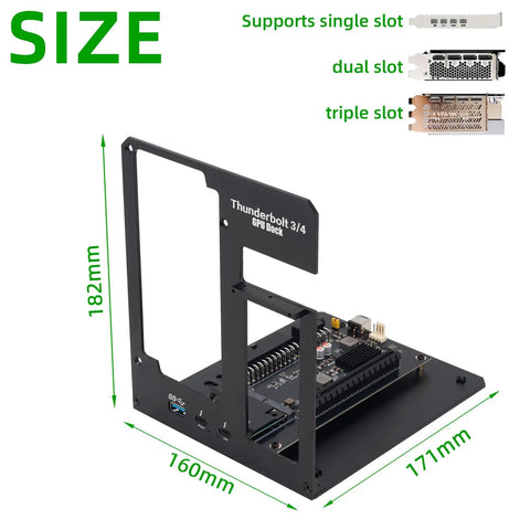Upgrade Your Portable Rig Into A Desktop Beast With This Thunderbolt 3 And 4 eGPU Enclosure showing GPU dock dimensions and ports.