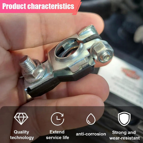 Straight Up Heavy Duty Positive And Negative Battery Terminal Connector Pair Rust Resistant Galvanized Iron Clamps shown in hand.