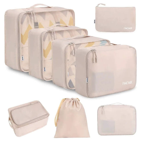 Eight Piece Packing Cubes Set For Travel Luggage Organizers In Cream That Keeps Clothes Wrinkle Free Water Repellent And Ultra Durable