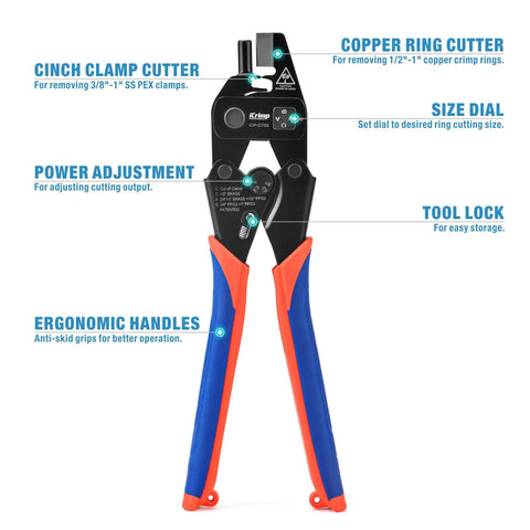 Pex Crimp Fitting Removal Tool For Removing One Half Inch Three Quarter Inch And One Inch Copper Crimp Rings And Stainless Steel Cinch Clamps ICP CT02 Compatible For Pex Plumbing Projects with ergonomic handles and size dial