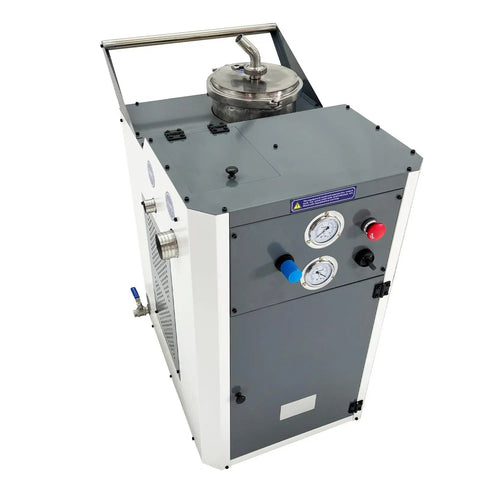 Heavy Duty Pneumatic Chip And Sludge Remover For CNC Machining Shops No Sweat 220V 1PH Cutting Fluid Filter with gray metal casing.