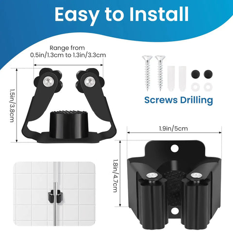 Heavy Duty Stainless Steel Broom And Mop Wall Mount Hanger, 4 Piece Set With Screws, shown with installation tools and measurements.