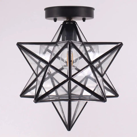 Moravian Star Tiffany Style Clear Glass Ceiling Light With Matte Black Base 12 Inch Shade 14 Inch Fixture Hardwired E26 Bulb Ready