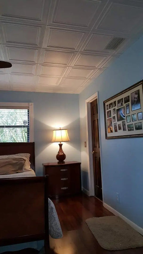 Bedroom with glue up foam ceiling tiles for popcorn ceilings 48 pack 128 sq ft per case plain white lightweight styrofoam panels