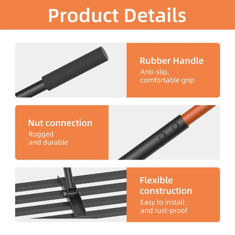 Heavy Duty Stainless Steel Lawn Leveling Rake 30 Inch By 10 Inch Yard Tool rubber handle nut connection and flexible construction details