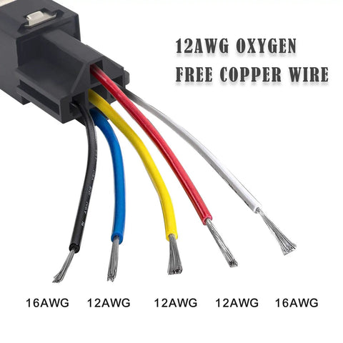 Close-up view of interlocking relay socket with 16AWG and 12AWG oxygen-free copper wires, part of Two Pack 12V Automotive Five Pin SPDT Relays With Interlocking Relay Sockets And Inline ATC Fuse Holders High Current Thirty And Forty Amp Bosch Style Prewired Leads For Easy Plug And Play Setup Twelve Inch.