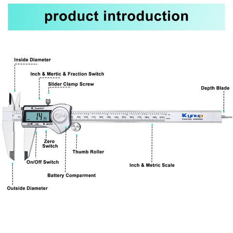 Digital Caliper 8 Inch Stainless Steel Tool Built To Last With IP54 Splash Proof Protection with LCD and measurement details