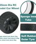 Two 65mm Large Load Bearing Rubber Tires With 6mm Bore Hex Shaft Couplings For RC Remote Control Cars showing sponge inner tube and soft rubber outer tire
