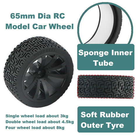 Two 65mm Large Load Bearing Rubber Tires With 6mm Bore Hex Shaft Couplings For RC Remote Control Cars showing sponge inner tube and soft rubber outer tire