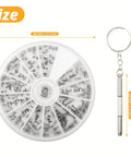 120 Piece Eyeglass Repair Kit With Tiny Screws Nuts And Universal Screwdrivers in circular box with keychain tool