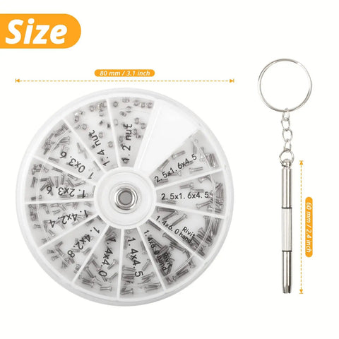120 Piece Eyeglass Repair Kit With Tiny Screws Nuts And Universal Screwdrivers in circular box with keychain tool