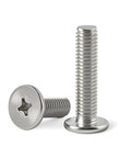 50 Pack M4 X 10mm Flat Round Head Screws 304 Stainless Steel Phillips Drive Machine Fasteners shown from the side and front.