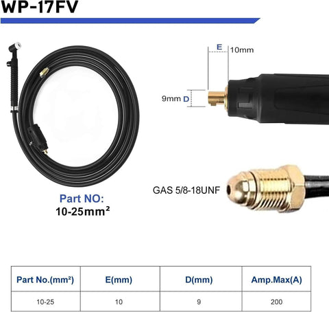 Close-up of TIG torch part showing cable and connector measurements, suitable for versatile 8-in-1 multiprocess welder setup.