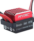 Close-up of 60A Brushed ESC for 1/10 RC Cars and Tanks, featuring red aluminum cooling system and cables, 6V 2A BEC