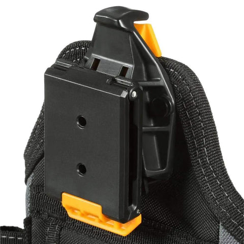 Close-up of belt clip on Electrician ClipTech Pouch And Hub With 13 Pockets And Loops, Small Limited Edition Pro Grade Carry Kit