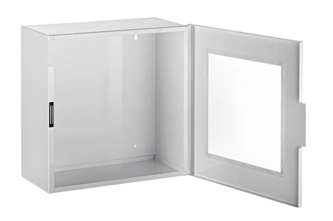 AdirMed AED cabinet, white metal wall-mounted with clear window on the door; open view of interior
