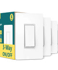 3 Way WiFi Smart Light Switches 4 Pack with 2.4GHz Connectivity and SnapOn Wall Plates, packaging and switches shown