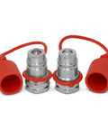 Front view of two Summit Hydraulics 2-pack 1/2-in ISO 5675 silver metal quick-connect male couplers with red caps.