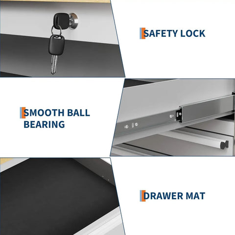 Close-up of 96 Inch Rolling Tool Chest With 24 Drawers For Serious DIYers And Pro Shops, showing key lock, drawer mat, and bearings.