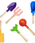 Six Piece 8 Inch Kids Garden Tools Set With Metal Shovels And Wooden Handle For Beach Sandbox Snow Play with colorful heads