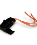 Heavy Duty Weatherproof Panel Mount Fuse Holder For ATO And ATC Blade Fuses 30 Amp 10 AWG Black Rubber Seal auto electrical part with orange wires.