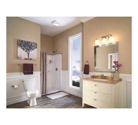 Bathroom with Ventilation Fan With Light For Bathroom, 70 CFM Quiet Exhaust, 2.0 Sones, ceiling mounted, roomside installation visible