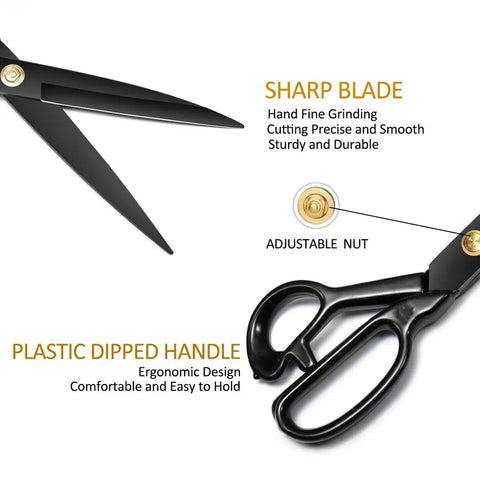 9 Inch Heavy Duty Fabric Sewing Scissors Tailor Shears For Pros Premium High Carbon Steel Blades With Ergonomic Comfort Grip For Precise Cutting Of Garments Quilting And Craft Projects, black handle detail