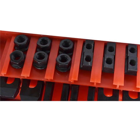 Seven Sixteenths Inch T Slot Clamp Kit components including screws and nuts in an orange plastic storage case, 58 pieces total.