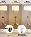 Dope Modern Floor Lamp With Faux Marble Shelves And Fabric Shade shown in three light temperatures with built-in storage shelves.