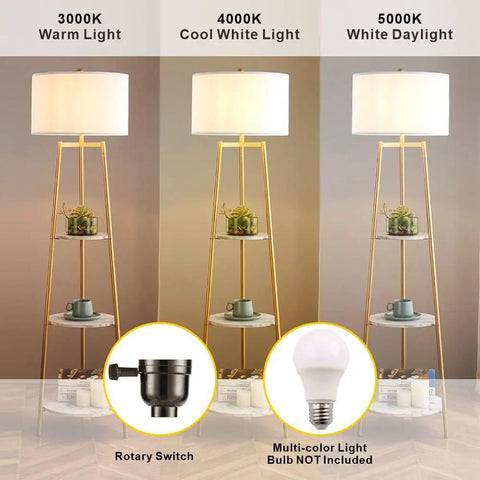Dope Modern Floor Lamp With Faux Marble Shelves And Fabric Shade shown in three light temperatures with built-in storage shelves.