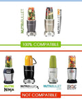 Image showing blender compatibility chart. Top shows compatible Nutribullet models for 32 Oz Cup Replacement Parts Kit, bottom shows non-compatible models.