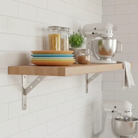 Stainless Steel Triangular Wall Shelf Bracket For Standard Wood Planks, Heavy Duty Corner Mount in kitchen with mixer and plates.
