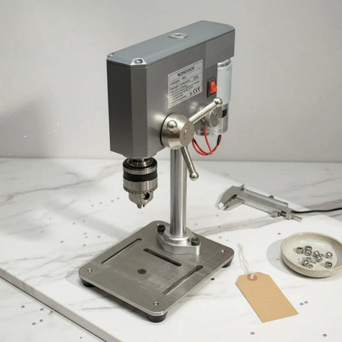 Compact Mini Drill Press Desk Machine Adjustable 12-24V Power Stable Bench Tool With 0.6-6mm Chuck positioned on a work surface.