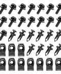Heavy Duty 35 Piece Auto Engine Splash Shield Fastener Kit Including Nylon Push Clips Body Panel Bolts And Extruded U Nuts collection of black fasteners.