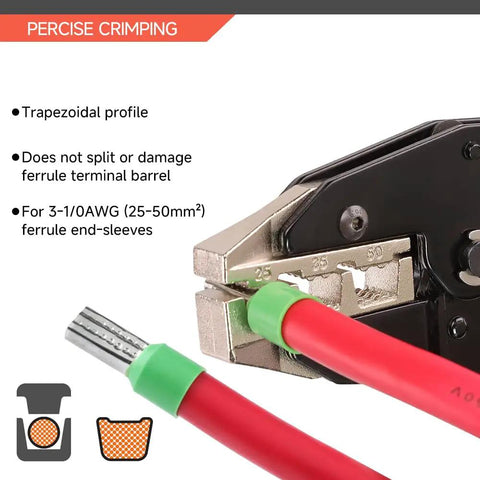 Ratcheting Crimping Tool For Sleeves Ferrule Terminals And Pin Cord Ends, Pro Grade Wire Crimper For AWG 3-1/0 (25-50mm²) crimping ferrule sleeve