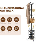 Dope Freestanding Coat Rack With 12 Hooks And Umbrella Holder next to icons showing uses for office or hallway organization.