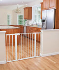 Extra Tall 36 Inch Wide Baby Gate With Door For Doorways And Pets in kitchen entrance, pressure-mounted on wooden floor.