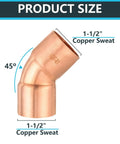 Copper Sweat 45 Degree Elbow Fittings One and a Half Inch C to C, 20-Pack, showing 1-1/2 inch size and 45-degree angle