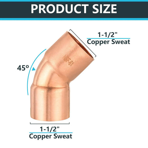 Copper Sweat 45 Degree Elbow Fittings One and a Half Inch C to C, 20-Pack, showing 1-1/2 inch size and 45-degree angle