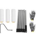 Premium Paint Roller Kit With Adjustable Stainless Steel Pole includes three rollers, extendable poles, and gloves for easy wall painting.